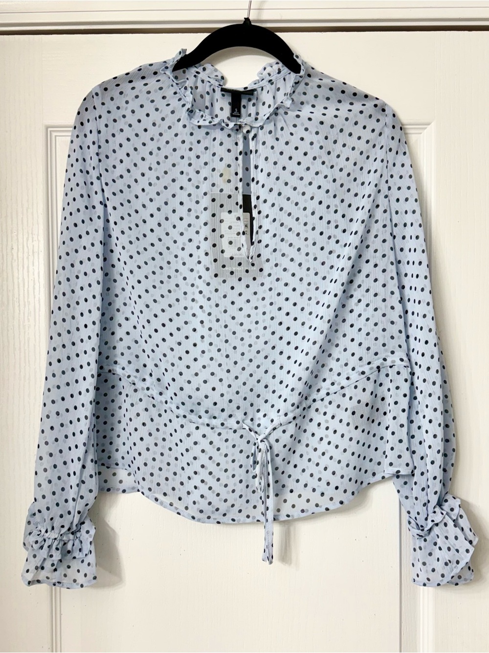 Who What Wear Light Blue Polka Dot Ruffle Neck Blouse